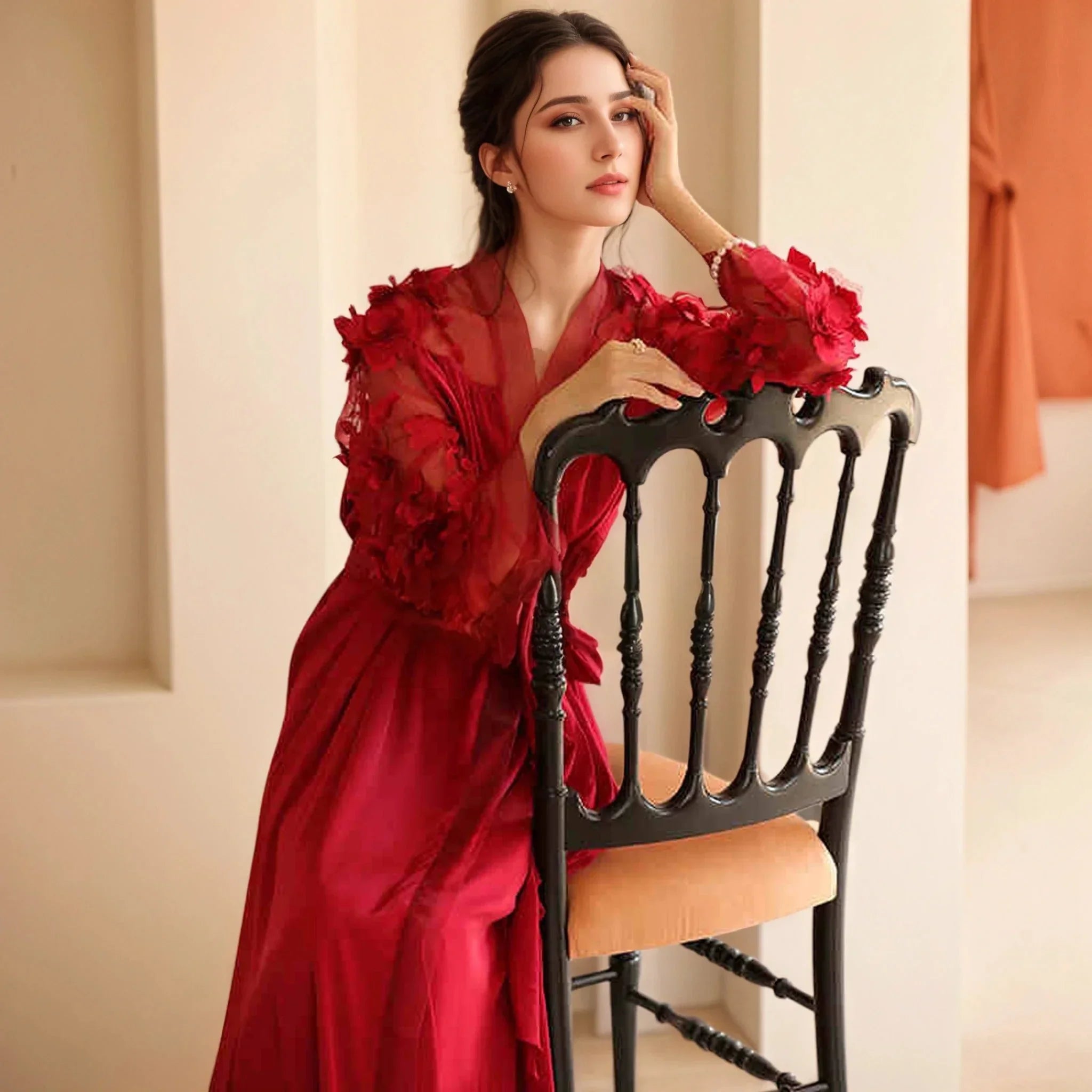 Floral Appliqué Sheer Sleeve Satin Robe – Wine Red or Ivory White