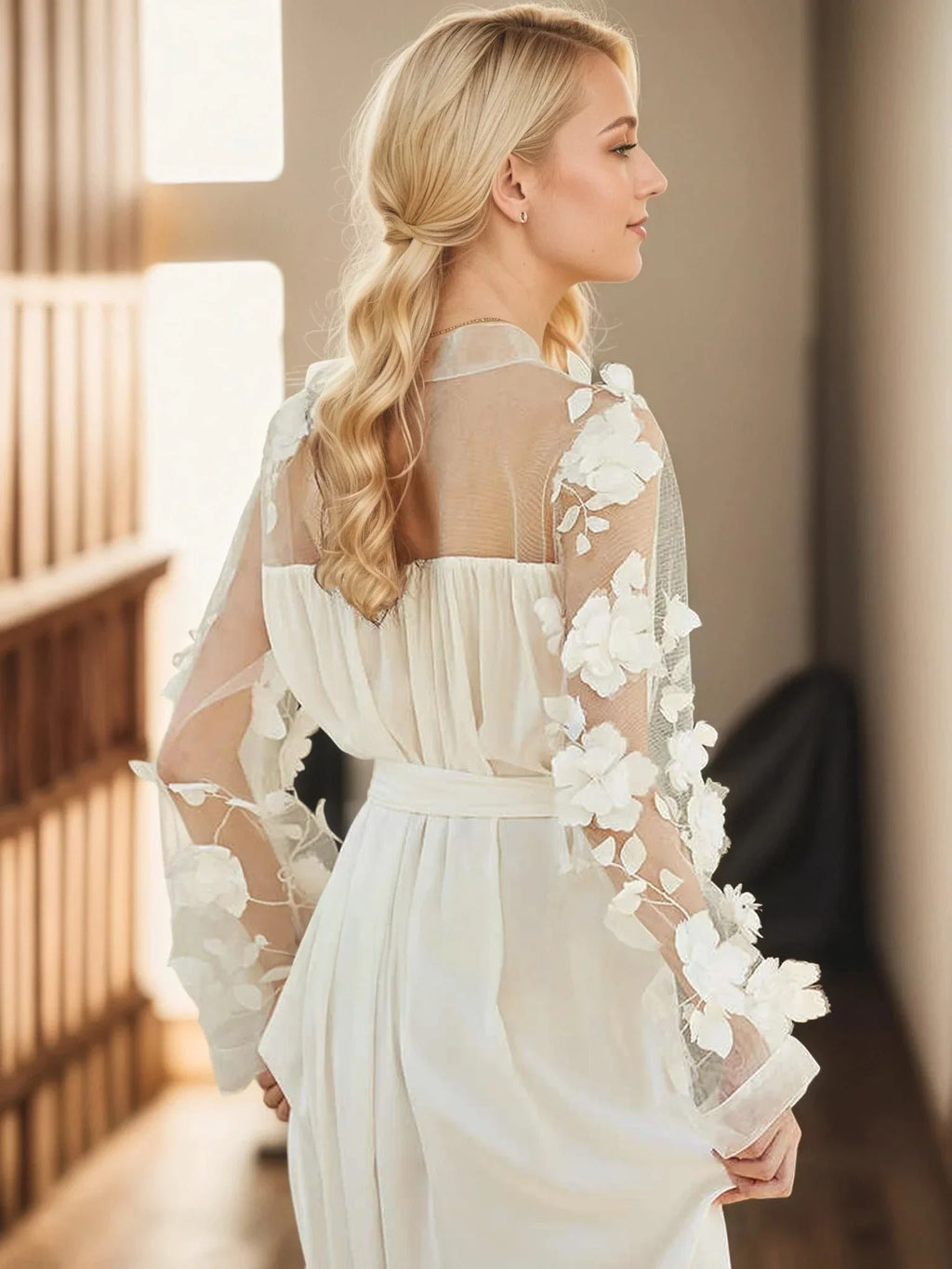 Floral Appliqué Sheer Sleeve Satin Robe – Wine Red or Ivory White