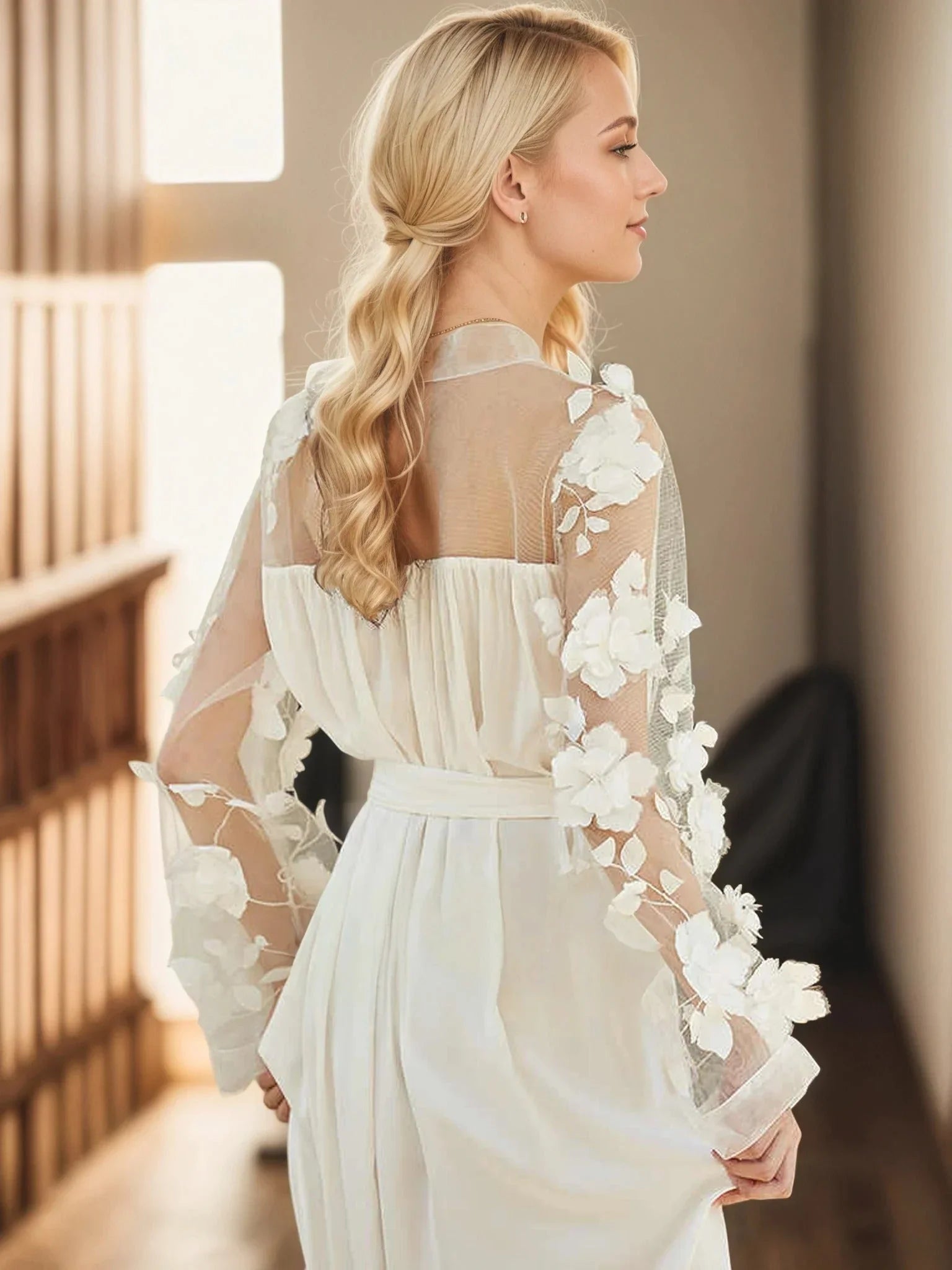 Floral Appliqué Sheer Sleeve Satin Robe – Wine Red or Ivory White