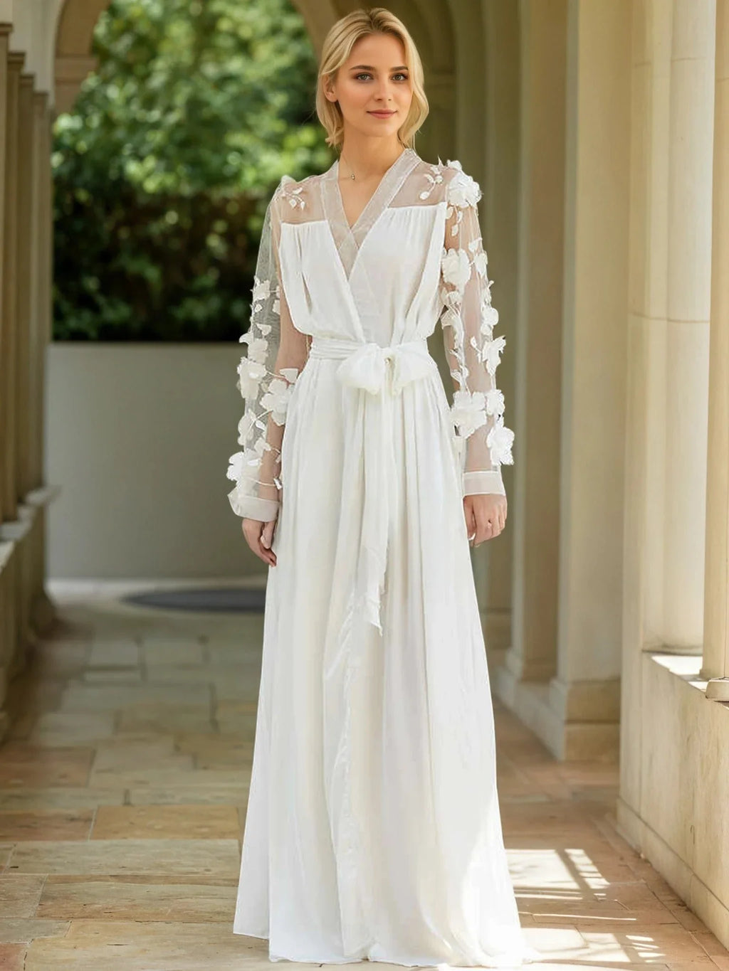 Floral Appliqué Sheer Sleeve Satin Robe – Wine Red or Ivory White