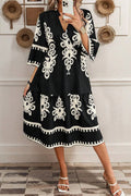 Rubie Black Western Geometric Print 3/4 Sleeve Loose Midi Dress