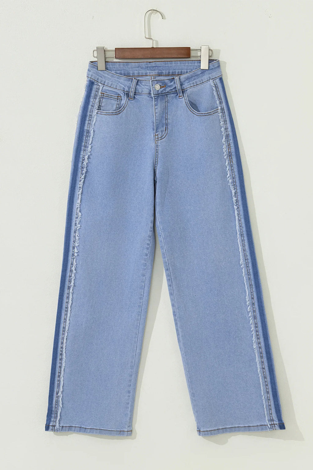 Charlie Beau Blue Contrast Stripe Frayed Side Panel Patchwork Shift Jeans