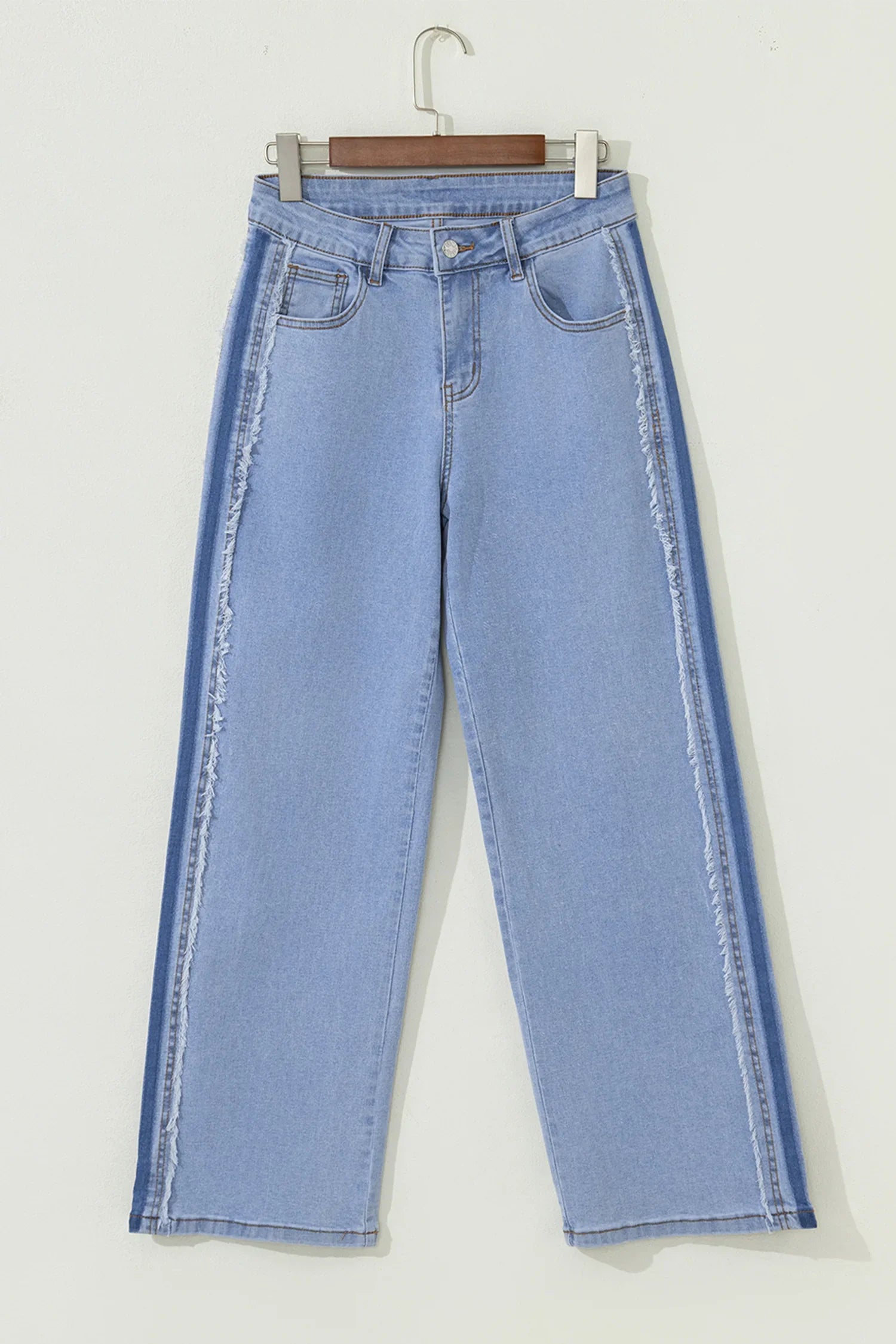 Charlie Beau Blue Contrast Stripe Frayed Side Panel Patchwork Shift Jeans
