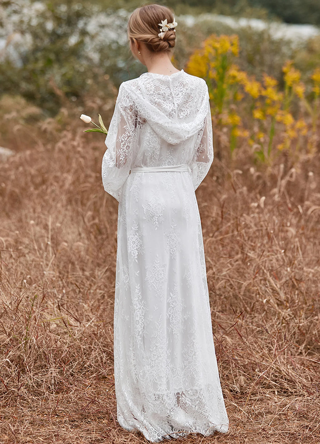 Romantic Floral Lace Hooded Bridal Robe – Long Sheer Lace Cover-Up with Satin Slip