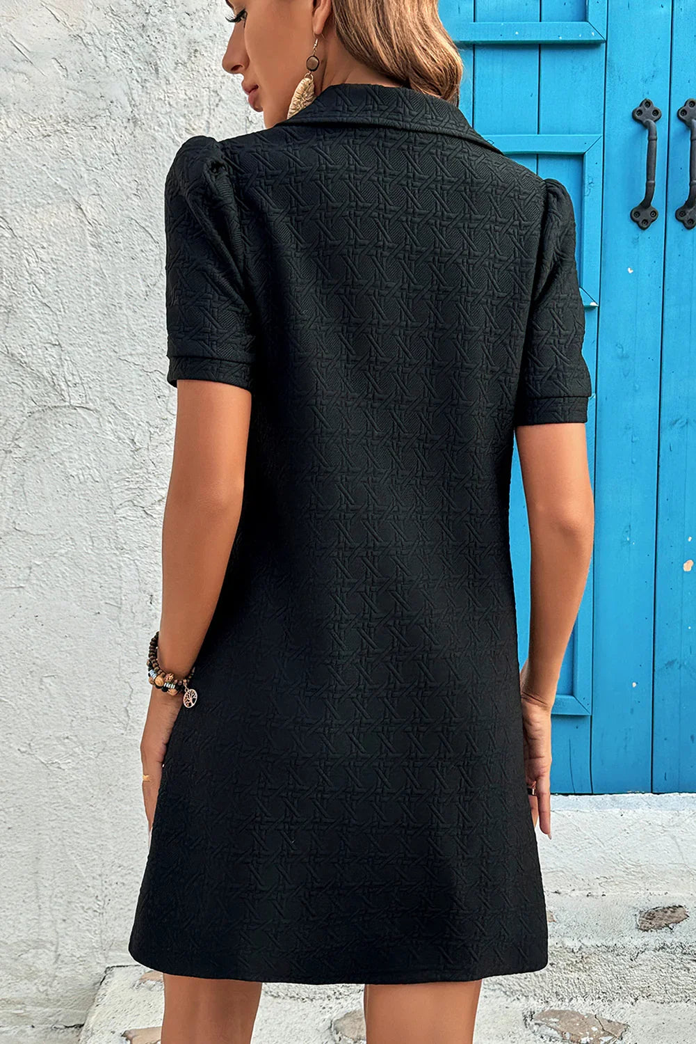 Melanie Black Textured Zipped Collar Shift Polo T Shirt Dress