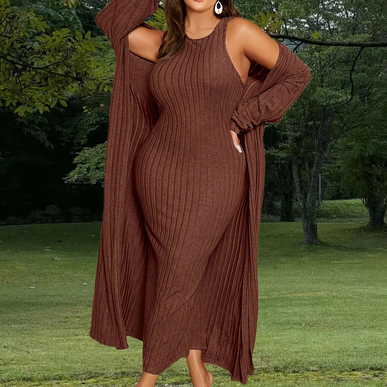 Plus Size Ribbed Cardigan Cap Elegant Two Piece Set