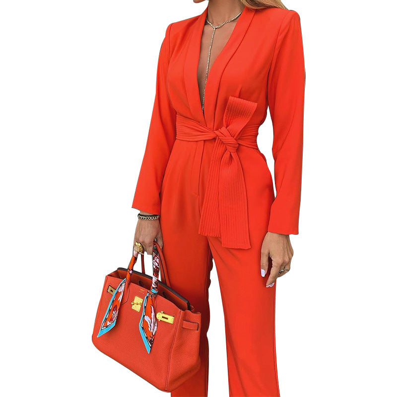 Sexy Solid Color Lace-up Deep V Plunge Plunge Casual Jumpsuit