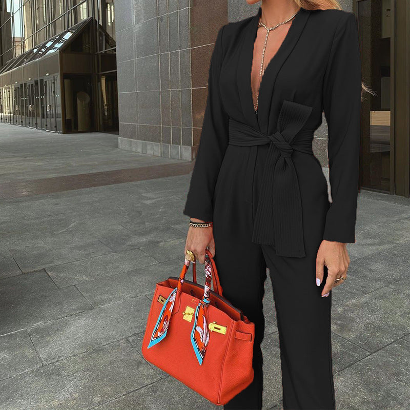 Sexy Solid Color Lace-up Deep V Plunge Plunge Casual Jumpsuit