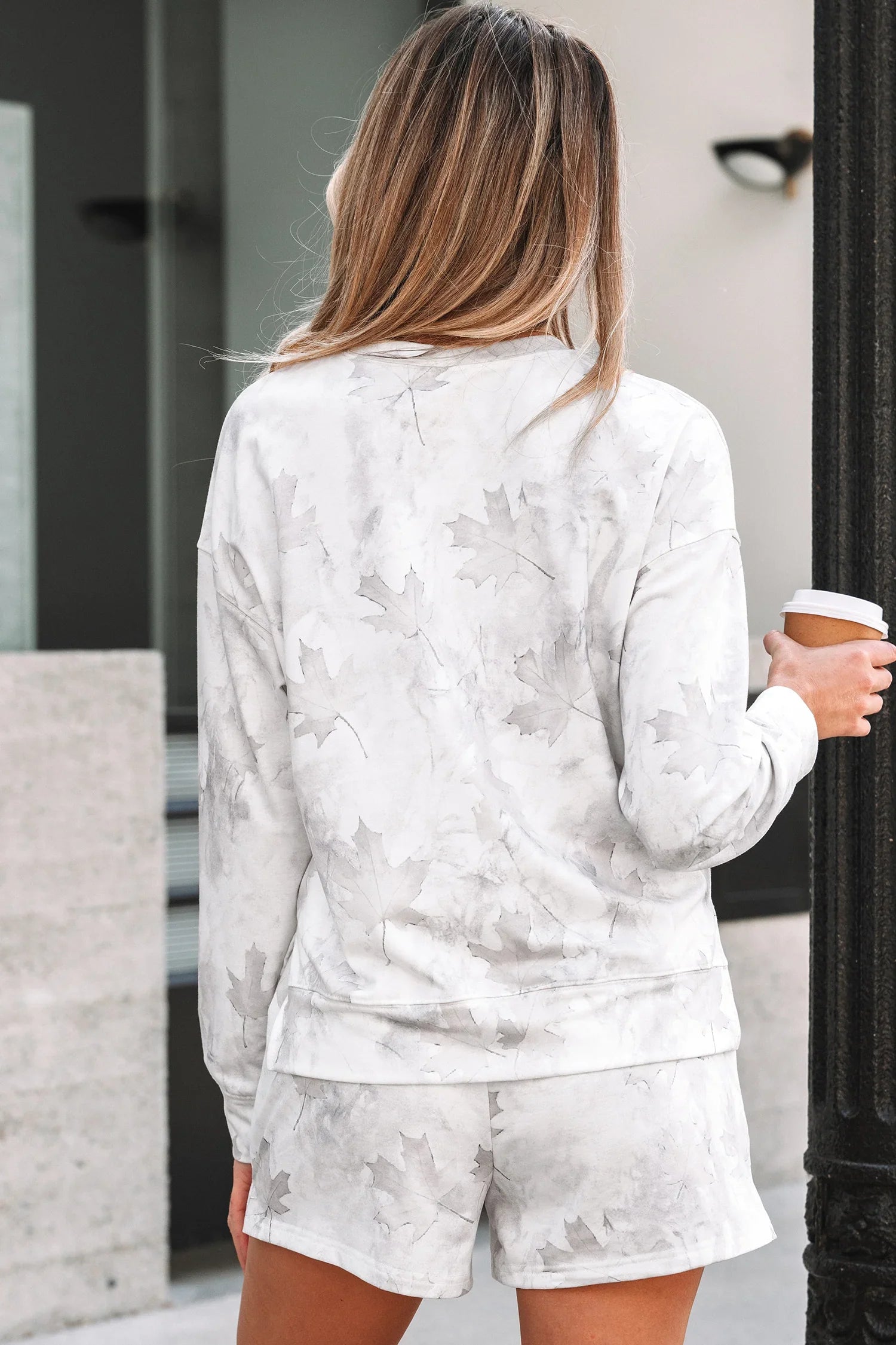 Justine Beige Maple Camo Print Pullover Top and Elastic Waist Casual Short Set