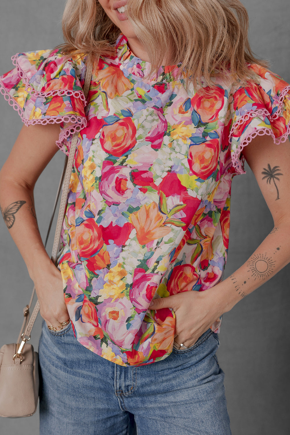 Lace Trim Ruffle Sleeve Floral