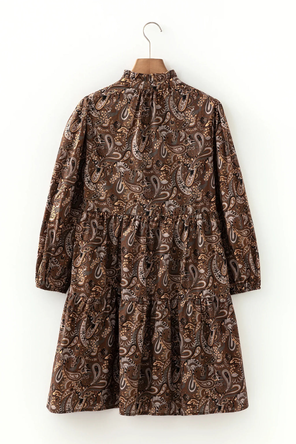 Dumbo Brown Paisley Print Half Buttons Puff Sleeve Flowy Short Dress
