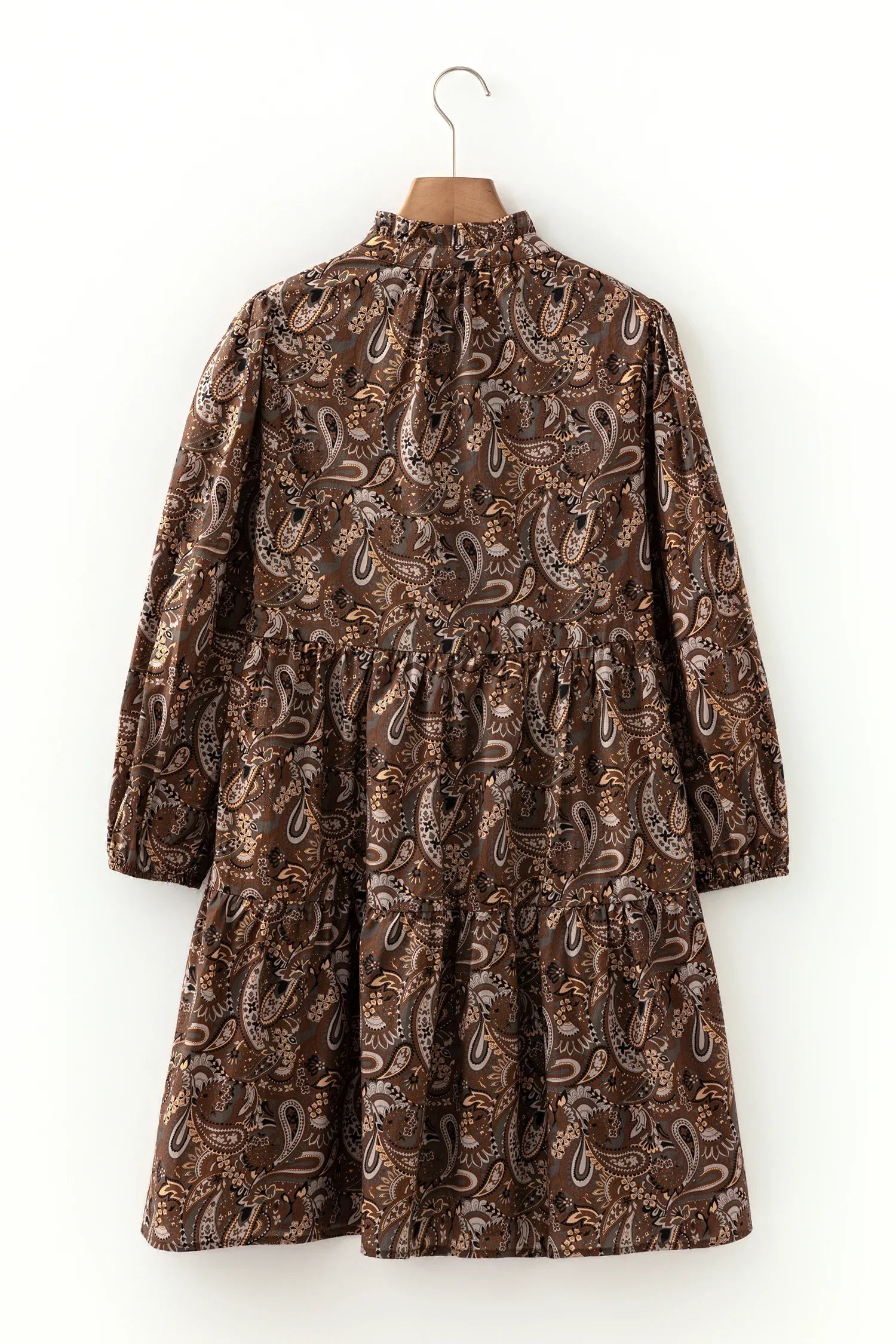 Dumbo Brown Paisley Print Half Buttons Puff Sleeve Flowy Short Dress