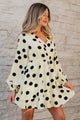 Pillar Beige Polka Dot Printed Surplice V Neck Puff Sleeve Mini Dress