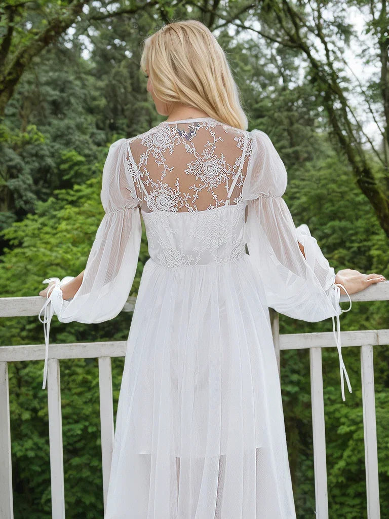 Boho Lace Embroidered Long Sheer Robe Set with Camisole