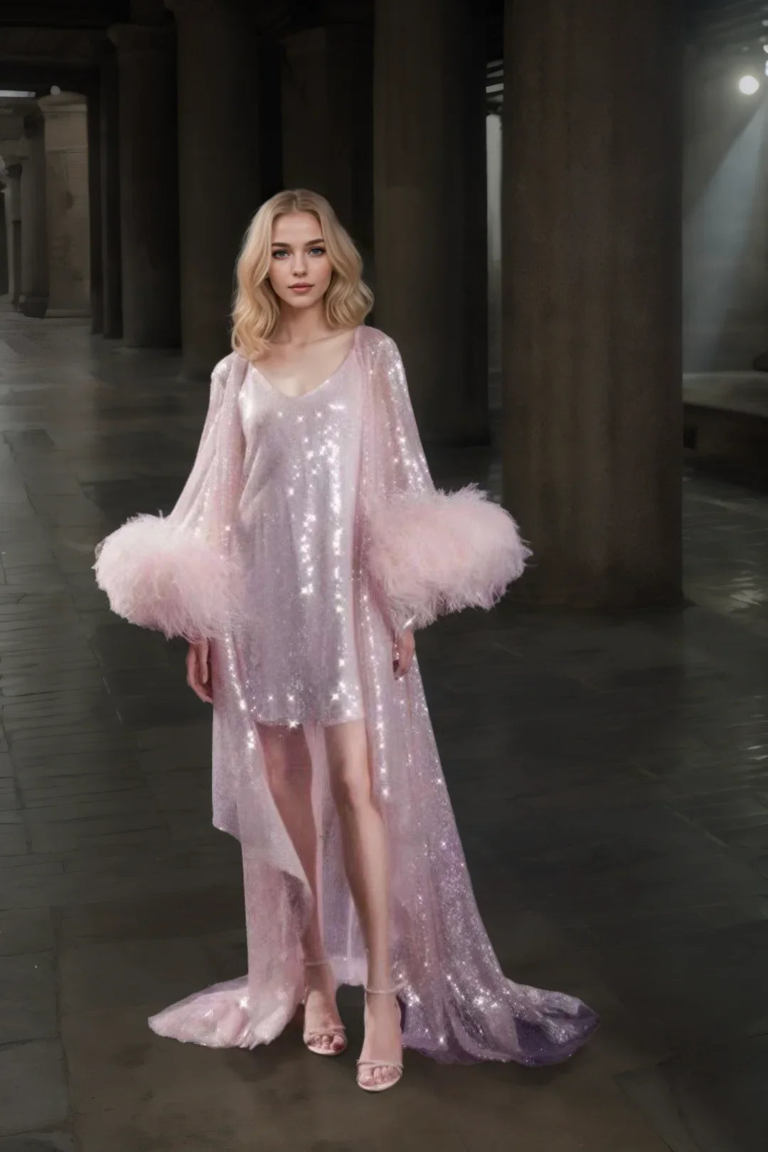 Ostrich Feather sequin mesh long robe with nightgown pink ivory