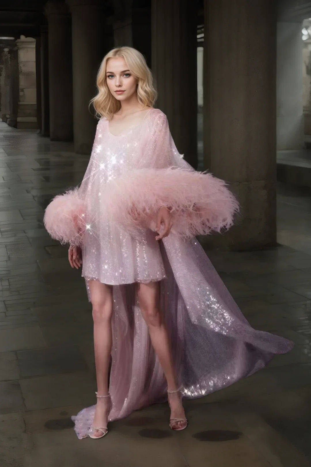 Ostrich Feather sequin mesh long robe with nightgown pink ivory