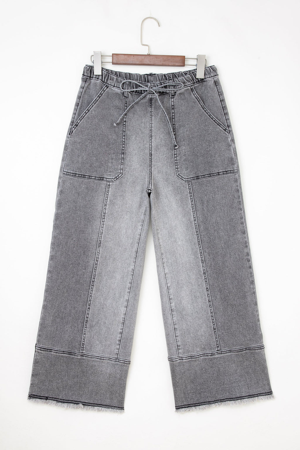 Prussian Blue Drawstring Seam Detail Raw Hem Wide Leg Denim Pants