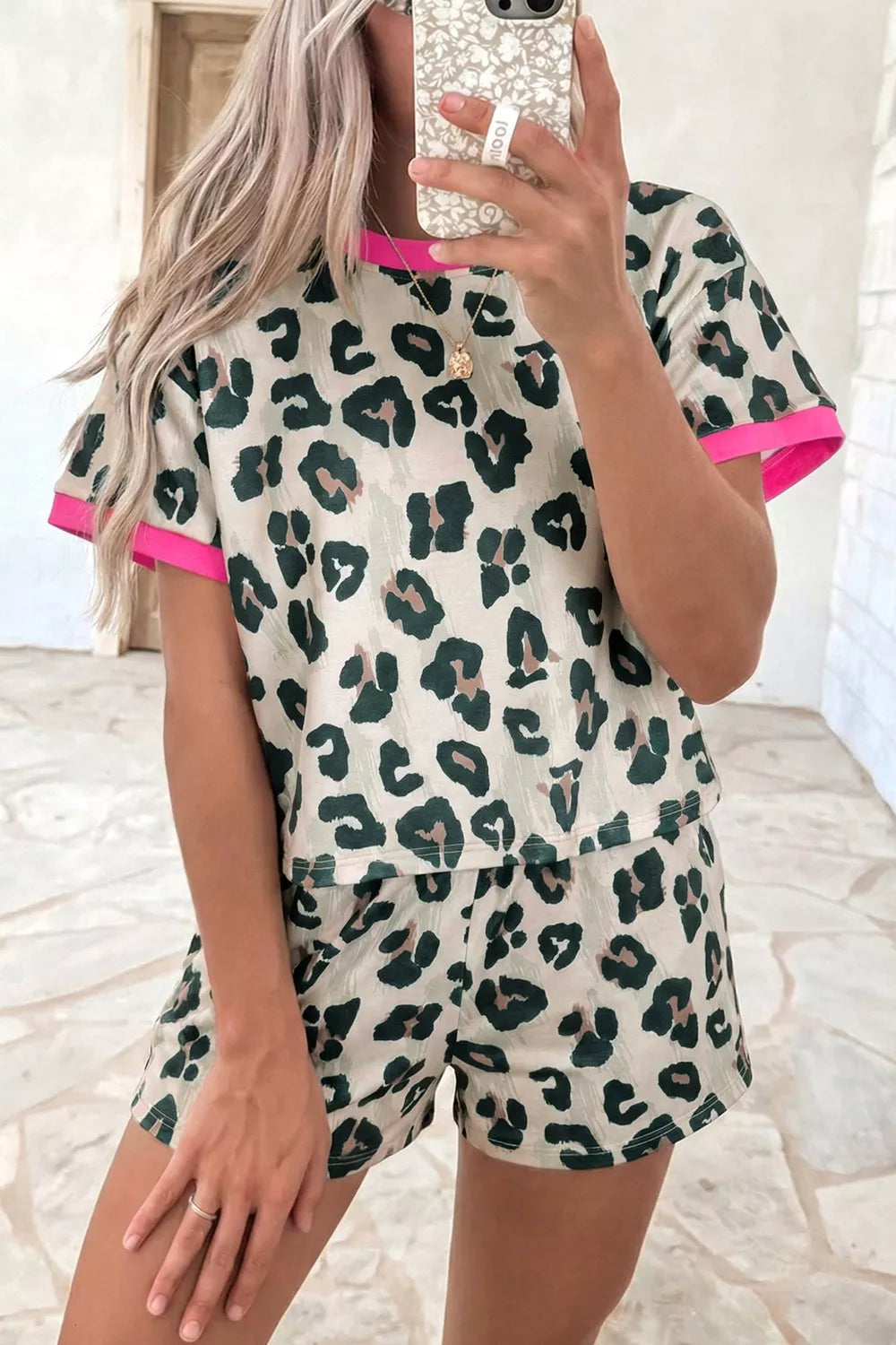 Erika Leopard Print Short Sleeve Two Piece Sets