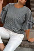 Plaid Bow Decor Bell Sleeve Round Neck