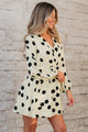 Pillar Beige Polka Dot Printed Surplice V Neck Puff Sleeve Mini Dress