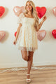 Tribeca Apricot Sequined Lace Mesh Bubble Sleeve Square Neck Dress