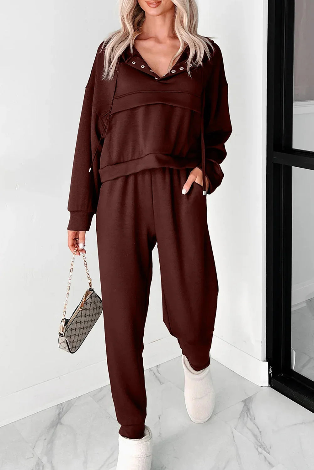 Chicory Coffee Button Drawstring Cropped Hoodie Jogger Set