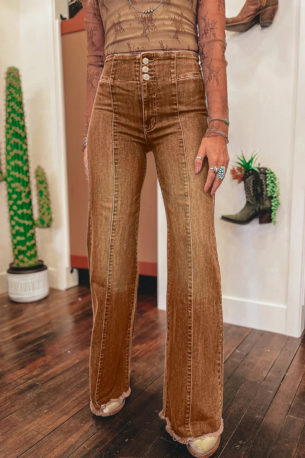 Chersey Coffee High Waist Button Fly Seamed Raw Hem Flare Jeans