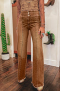 Chersey Coffee High Waist Button Fly Seamed Raw Hem Flare Jeans