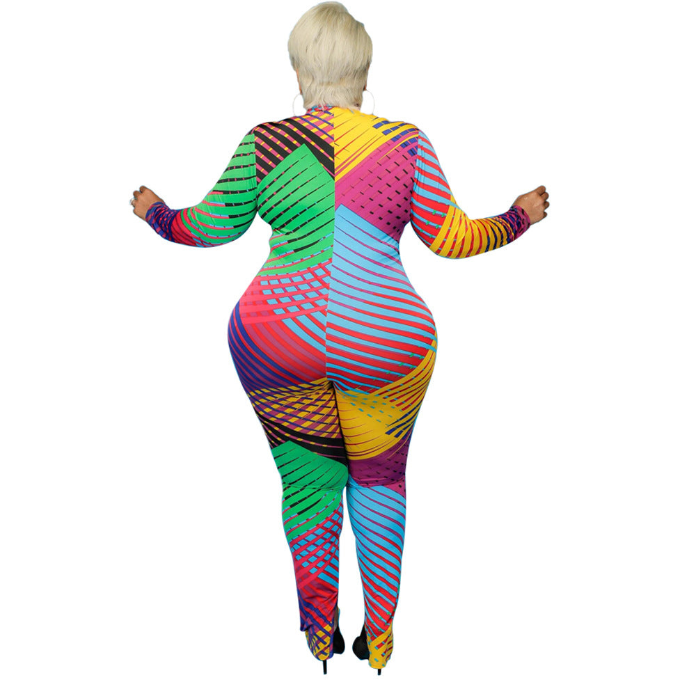 Plus Size Fall/Winter Long Sleeve Tight High Elastic Irregular Asymmetric Striped Printed Women Jumpsuit