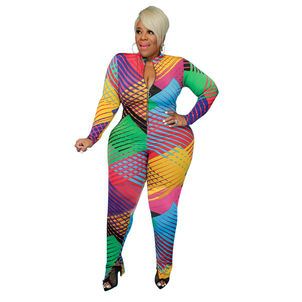 Plus Size Fall/Winter Long Sleeve Tight High Elastic Irregular Asymmetric Striped Printed Women Jumpsuit