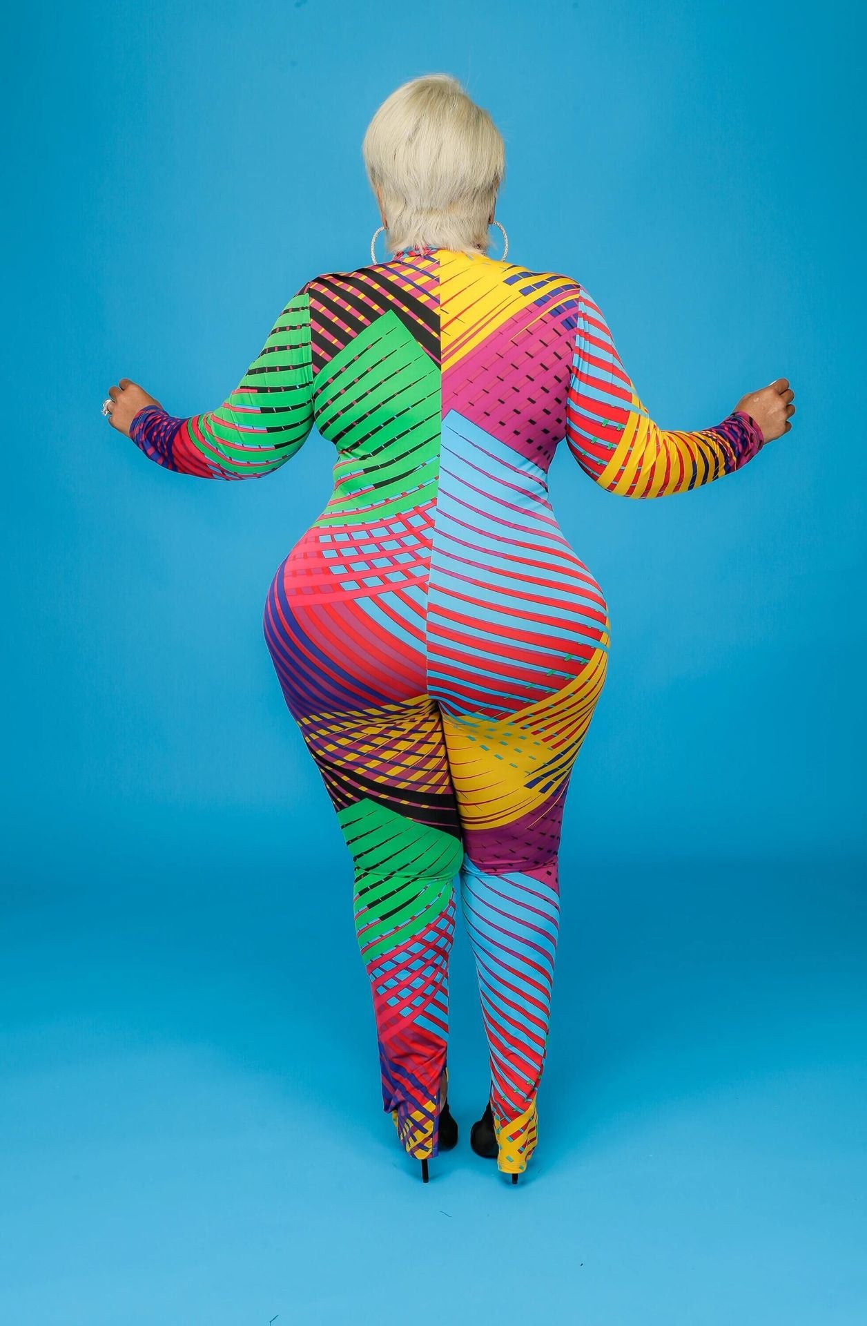 Plus Size Fall/Winter Long Sleeve Tight High Elastic Irregular Asymmetric Striped Printed Women Jumpsuit