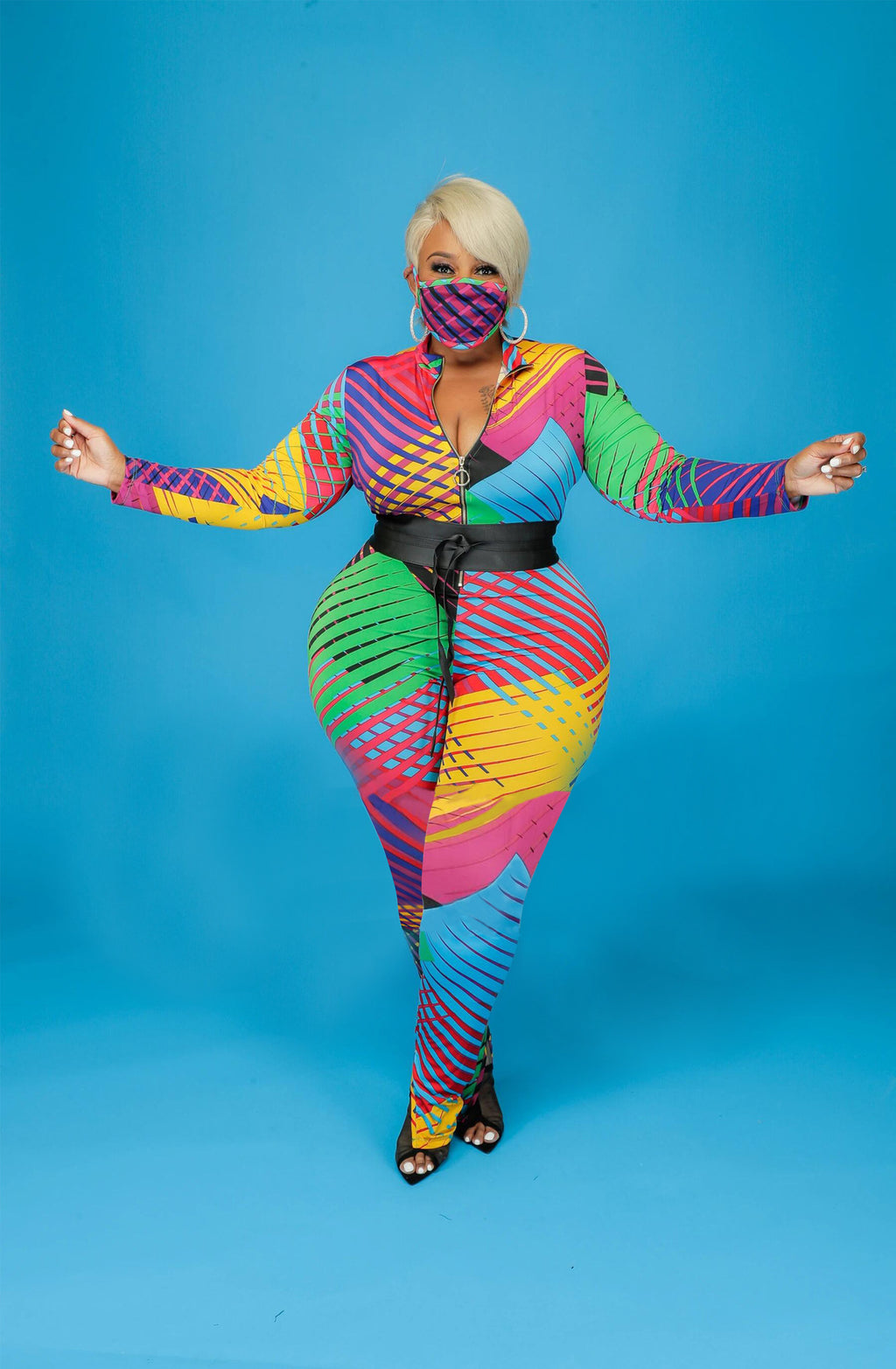 Plus Size Fall/Winter Long Sleeve Tight High Elastic Irregular Asymmetric Striped Printed Women Jumpsuit