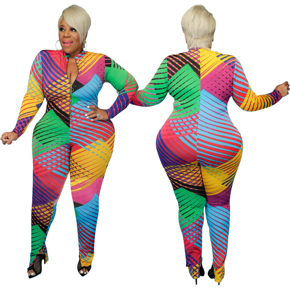 Plus Size Fall/Winter Long Sleeve Tight High Elastic Irregular Asymmetric Striped Printed Women Jumpsuit