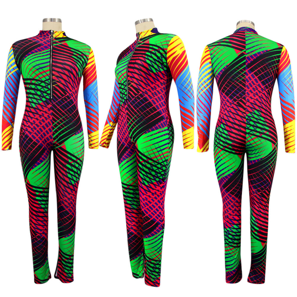 Plus Size Fall/Winter Long Sleeve Tight High Elastic Irregular Asymmetric Striped Printed Women Jumpsuit