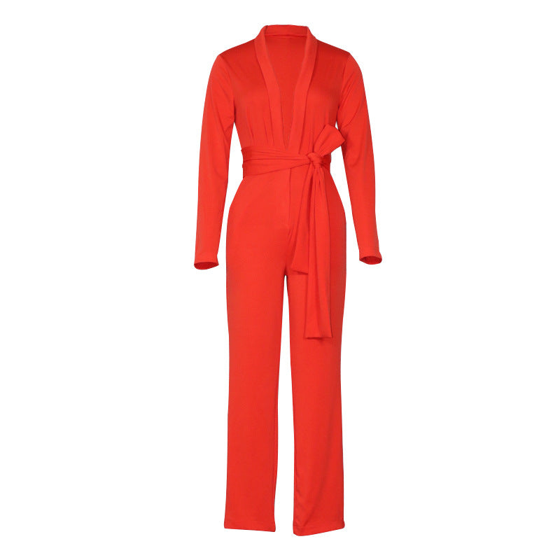 Sexy Solid Color Lace-up Deep V Plunge Plunge Casual Jumpsuit