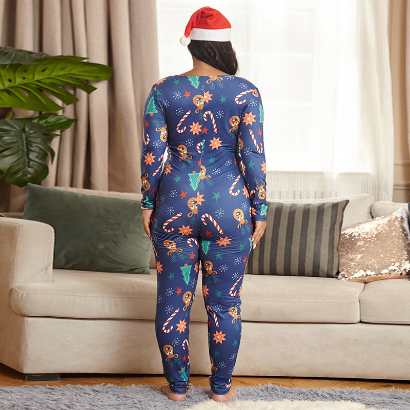 Plus Size Christmas Knitted Printed Tight Sexy Home Wear Women Jumpsuit