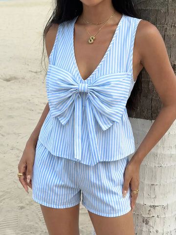 Pamela Striped Bowknot Sleeveless Two Piece Sets