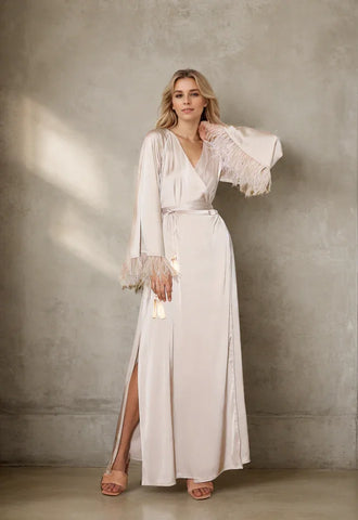 Luxury Feather-Trimmed Satin Robe – Full-Length Lounge & Bridal Wear