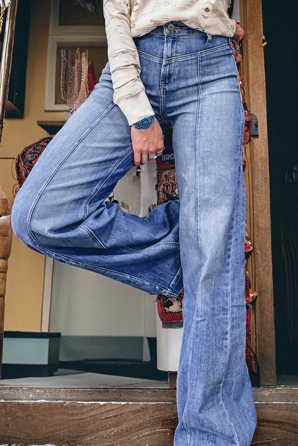Trini Beau Blue Tailored Center Seam Detail Straight Loose High Rise Jeans