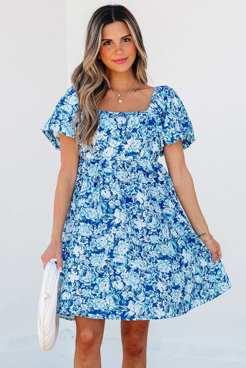 Bowly Blue Floral Puff Sleeve Babydoll Mini Dress