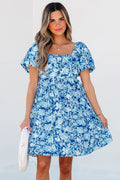 Bowly Blue Floral Puff Sleeve Babydoll Mini Dress
