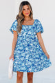 Bowly Blue Floral Puff Sleeve Babydoll Mini Dress