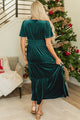 Nathana Evergreen Velvet Short Sleeve Shirred Waist Tiered Maxi Dress