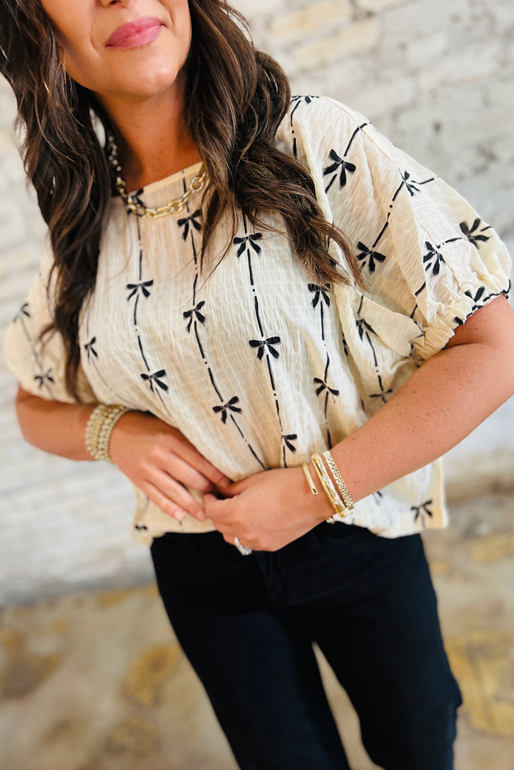 Bow Print Puff  Sleeve
