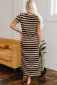 Zaidy Black Stripe Casual Round Neck T-shirt Maxi Dress with Pockets