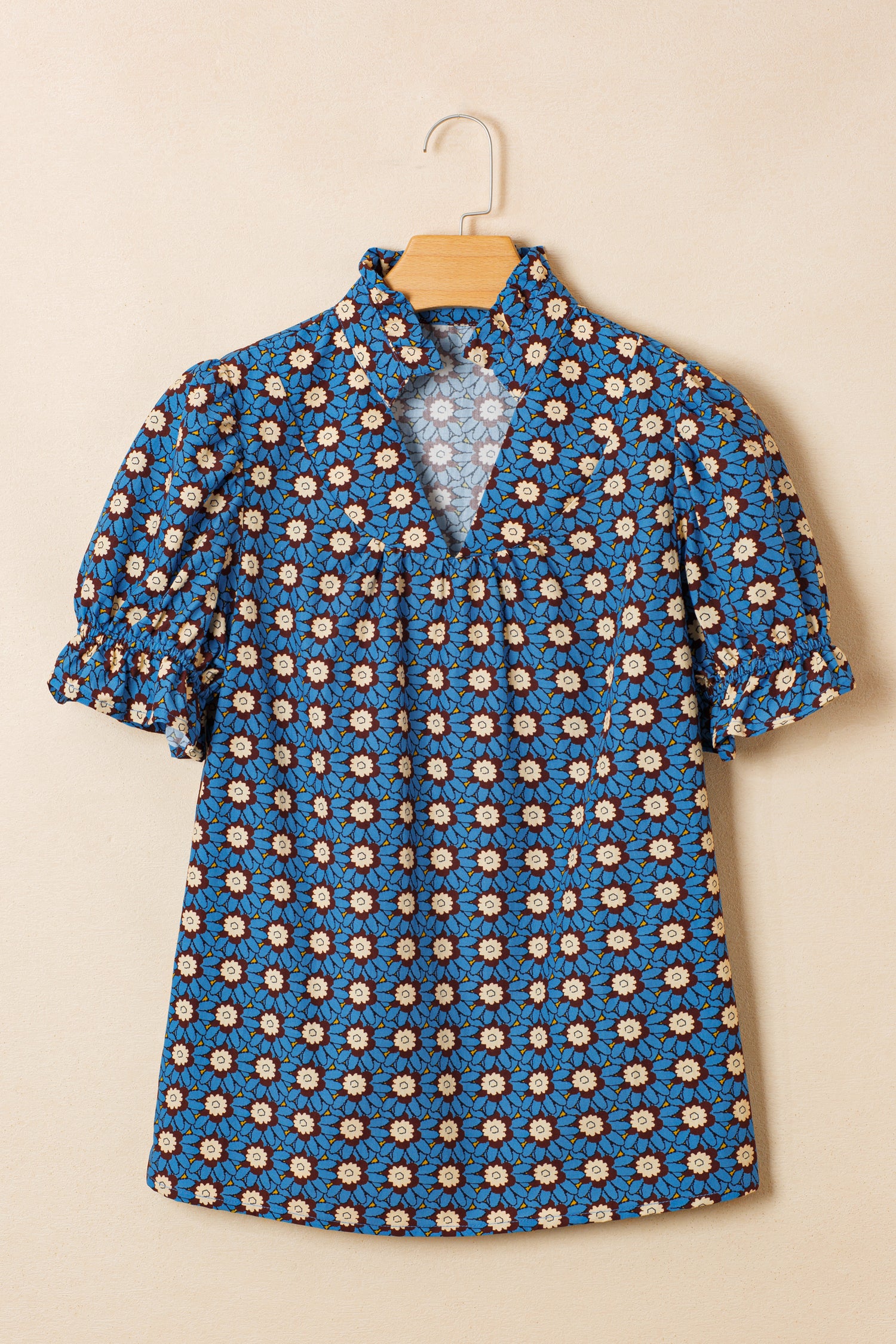 Floral Print V Neck Pleated Puff Sleeve