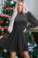 Kerrie Black Frilled Neck Smocked Bodice Velvet Dress