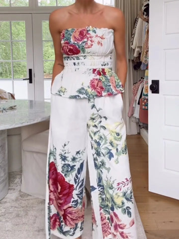 Layla Floral Print Strapless Wide-Leg Two Piece Sets