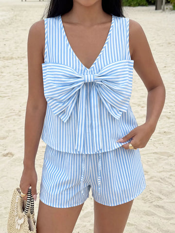 Pamela Striped Bowknot Sleeveless Two Piece Sets