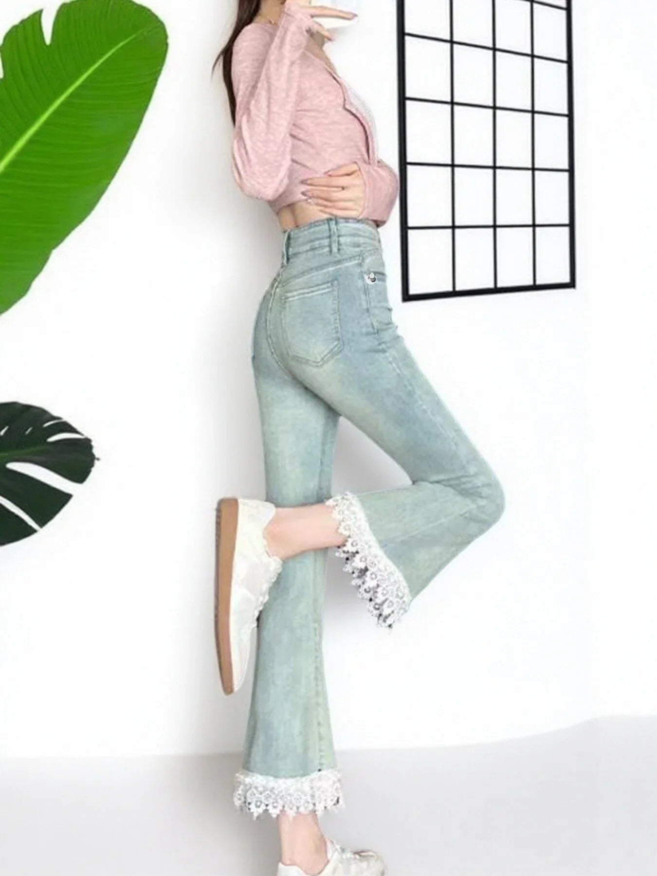 Light Blue Micro-Flare Lace Stretch Jeans for Women